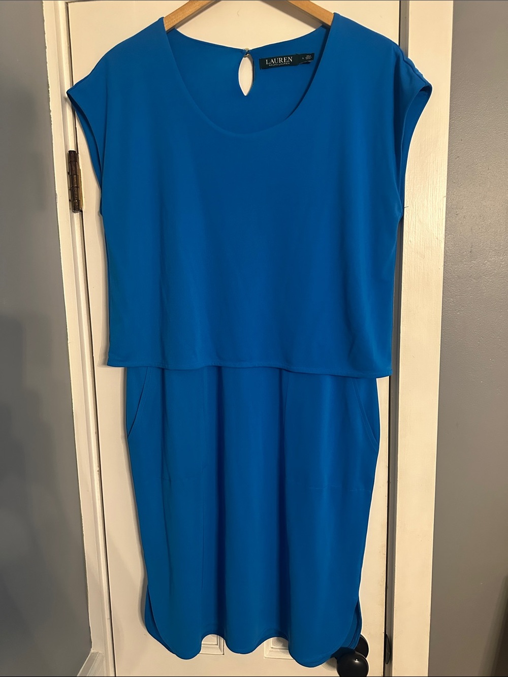 Lauren Ralph Lauren NWT Cyan Blue Popover Overlay Sheath Dress L Large